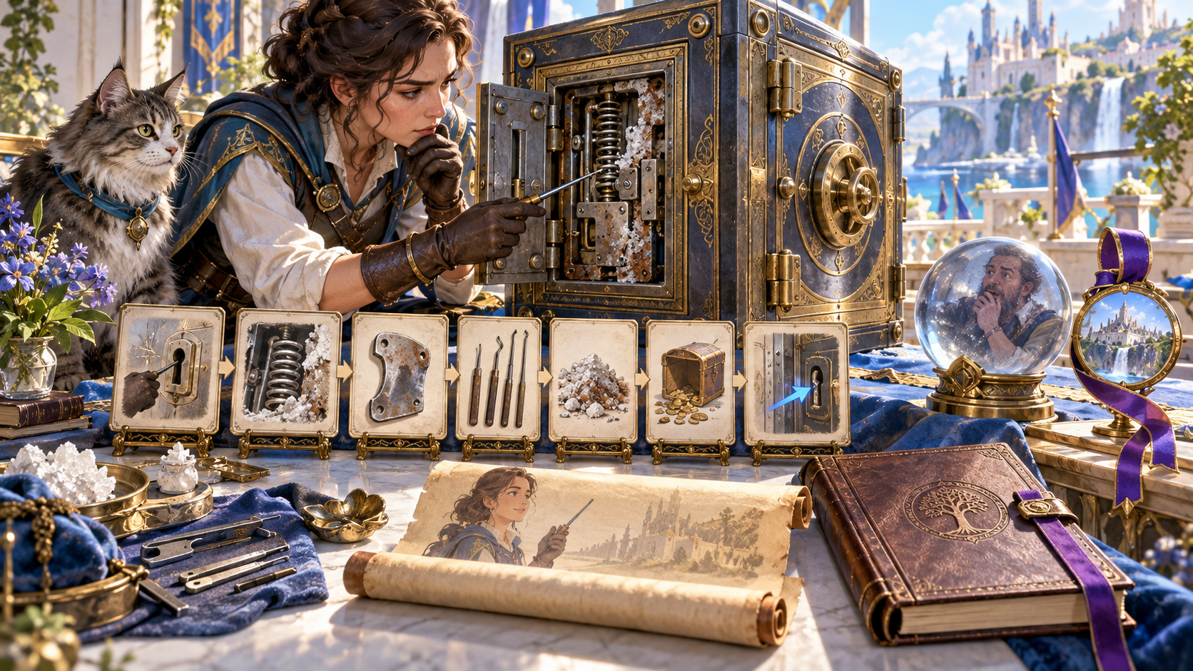 An exposed lock and evidence cards with tools a narration scroll and private record