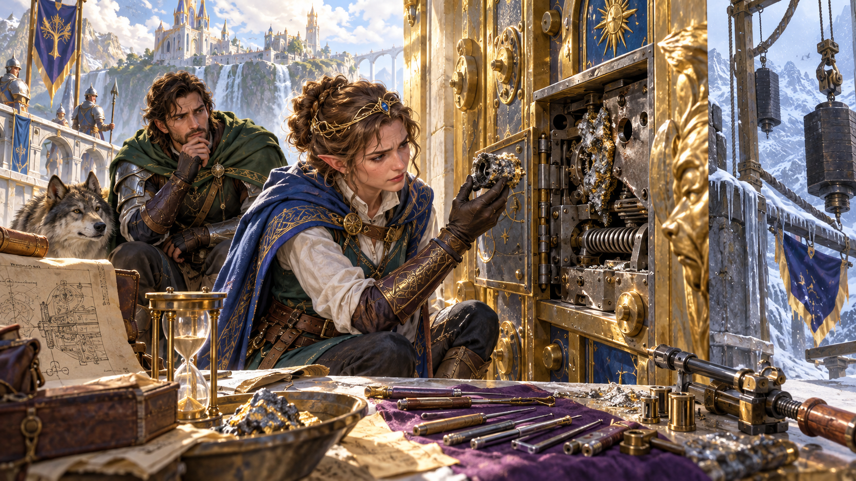An adventurer examining damaged metal in an exposed mechanism with tools a diagram and hourglass nearby