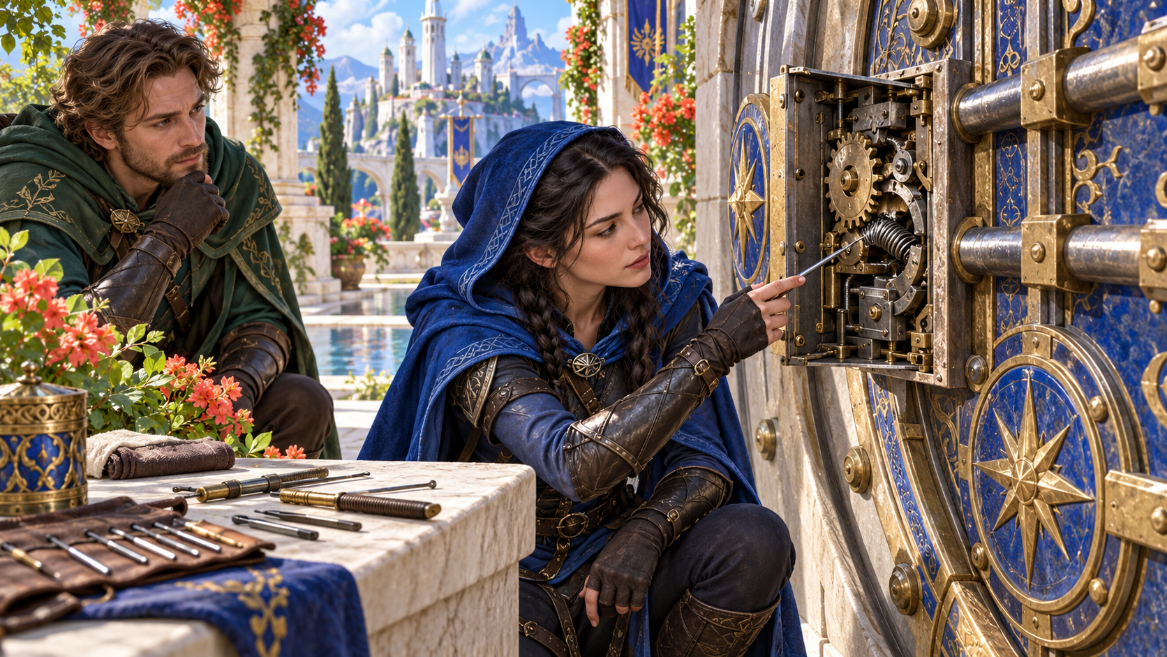 Adventurers examining an exposed lock mechanism beside a table of tools